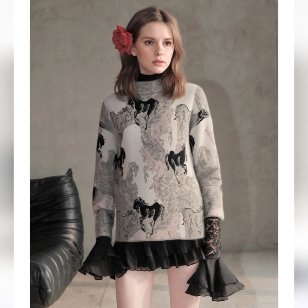 Kate Spade Black and Gray Horse Print Sweater